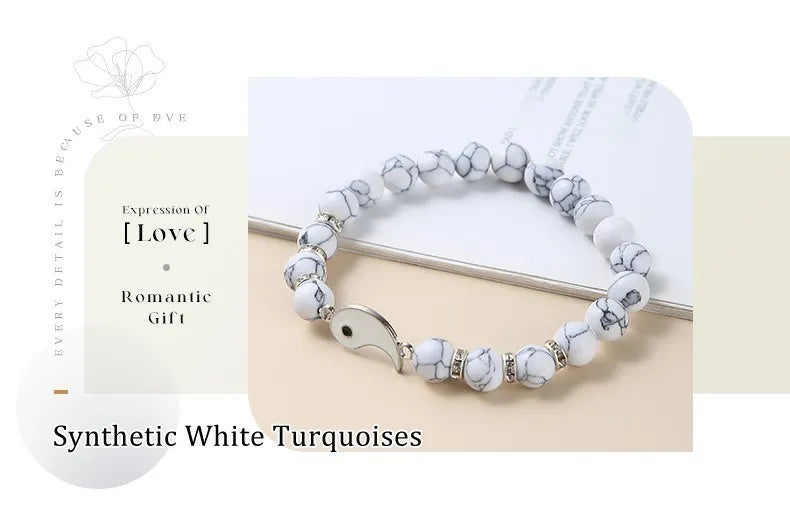 Yin Yang Tai Chi Bracelet Set – Natural Volcanic Lava Stone & White Turquoise Beads, Handmade Couple Jewelry for Men & Women