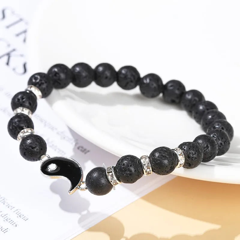 Yin Yang Tai Chi Bracelet Set – Natural Volcanic Lava Stone & White Turquoise Beads, Handmade Couple Jewelry for Men & Women