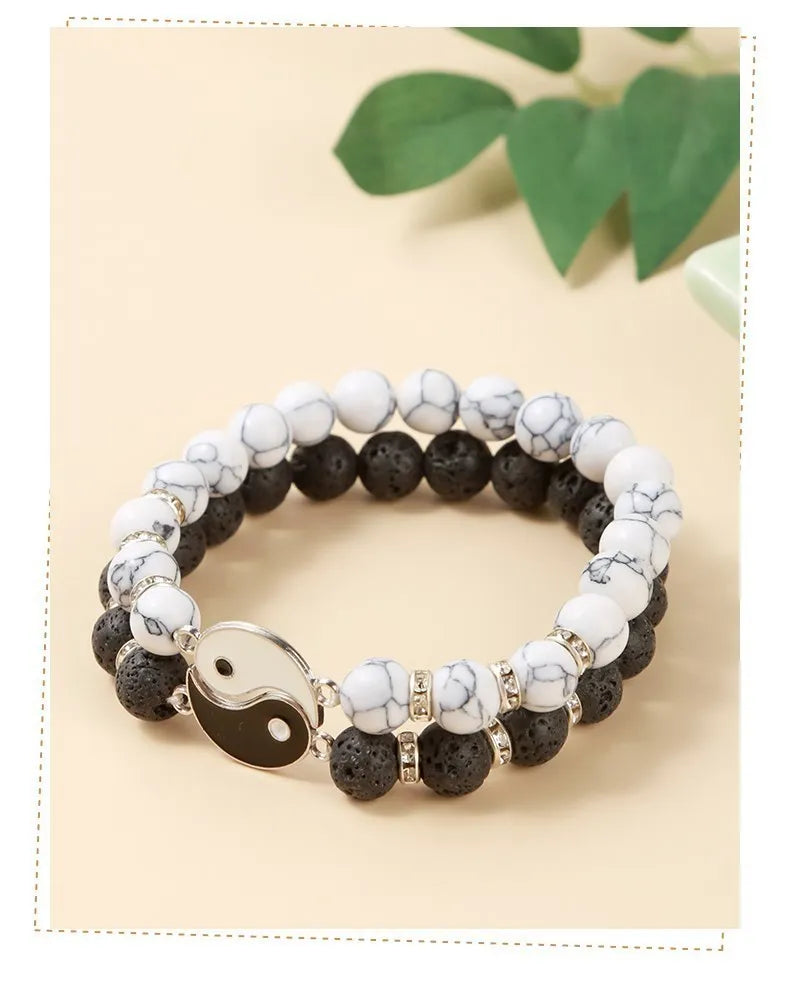 Yin Yang Tai Chi Bracelet Set – Natural Volcanic Lava Stone & White Turquoise Beads, Handmade Couple Jewelry for Men & Women