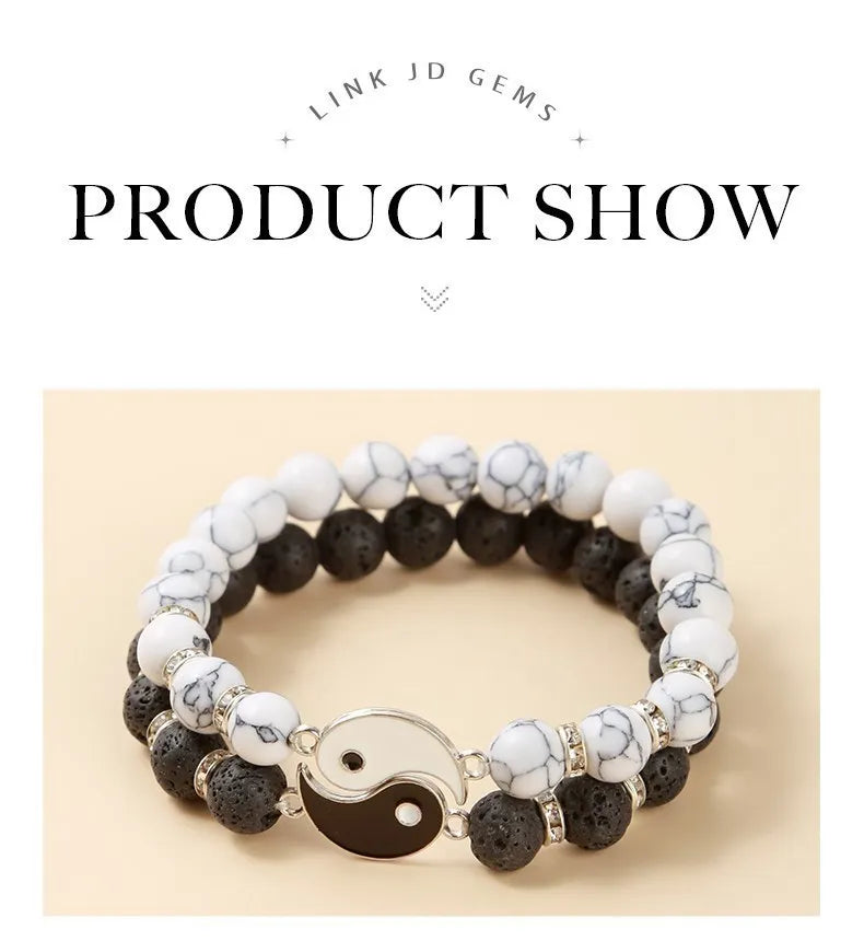 Yin Yang Tai Chi Bracelet Set – Natural Volcanic Lava Stone & White Turquoise Beads, Handmade Couple Jewelry for Men & Women