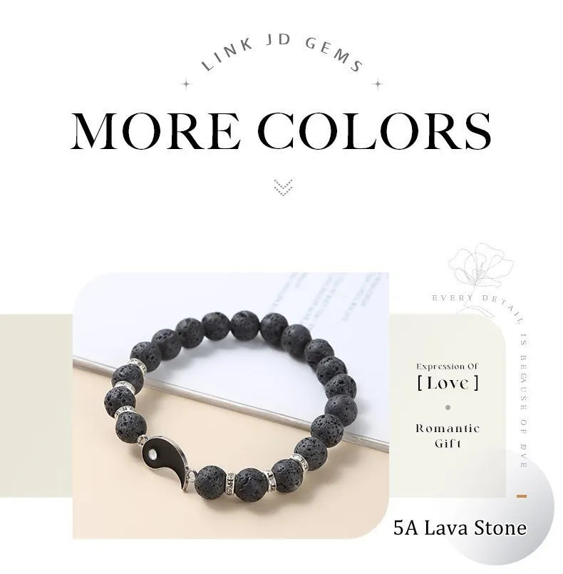 Yin Yang Tai Chi Bracelet Set – Natural Volcanic Lava Stone & White Turquoise Beads, Handmade Couple Jewelry for Men & Women
