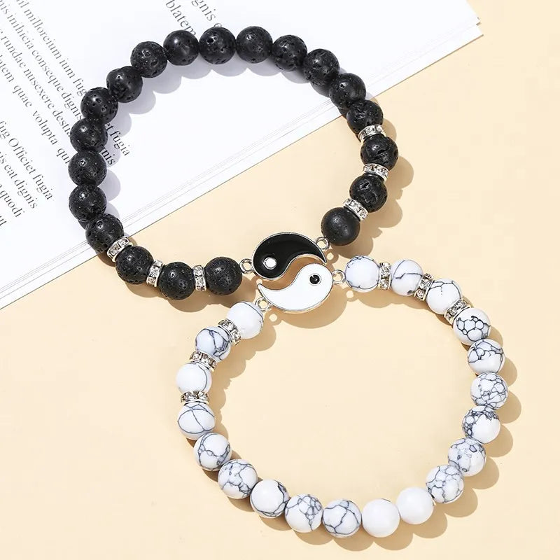 Yin Yang Tai Chi Bracelet Set – Natural Volcanic Lava Stone & White Turquoise Beads, Handmade Couple Jewelry for Men & Women