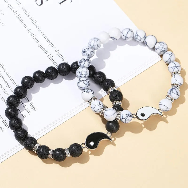 Yin Yang Tai Chi Bracelet Set – Natural Volcanic Lava Stone & White Turquoise Beads, Handmade Couple Jewelry for Men & Women