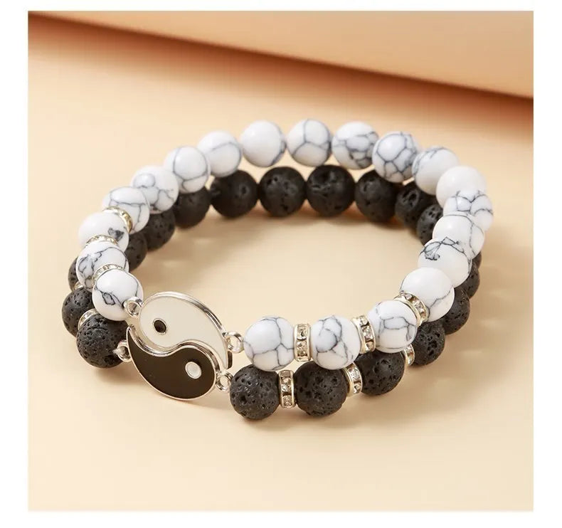 Yin Yang Tai Chi Bracelet Set – Natural Volcanic Lava Stone & White Turquoise Beads, Handmade Couple Jewelry for Men & Women