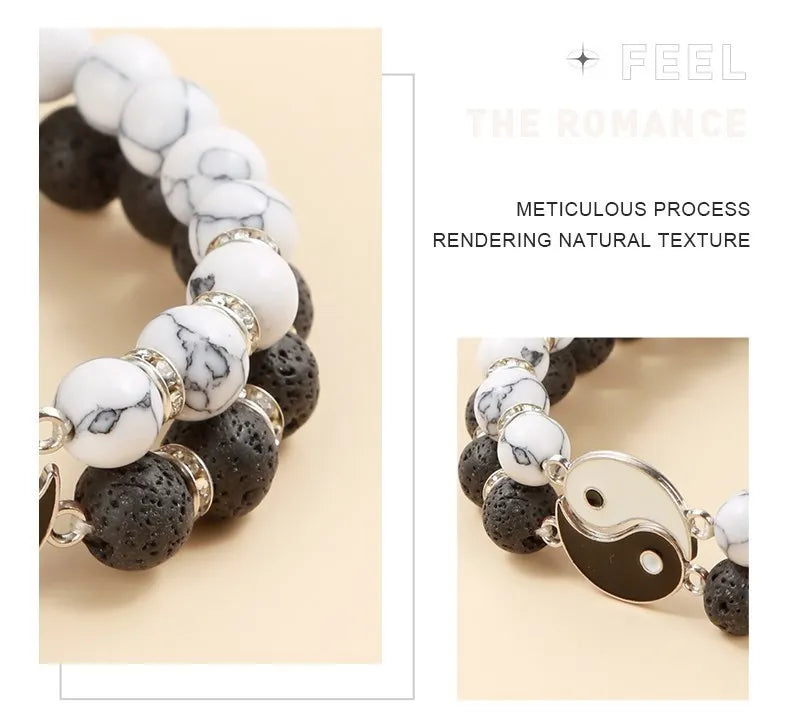 Yin Yang Tai Chi Bracelet Set – Natural Volcanic Lava Stone & White Turquoise Beads, Handmade Couple Jewelry for Men & Women