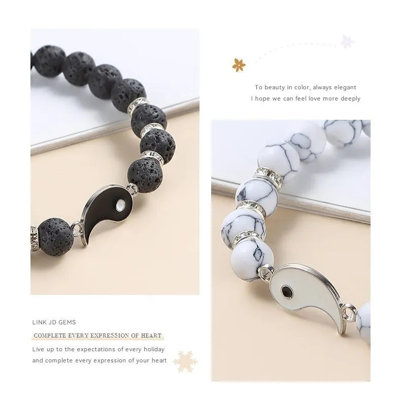 Yin Yang Tai Chi Bracelet Set – Natural Volcanic Lava Stone & White Turquoise Beads, Handmade Couple Jewelry for Men & Women