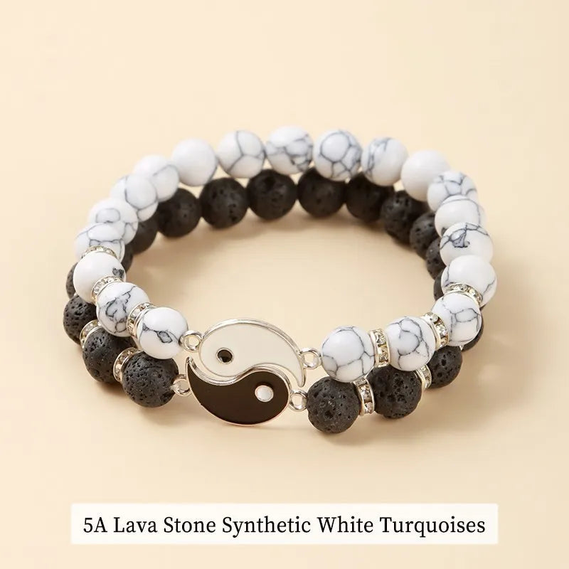 Yin Yang Tai Chi Bracelet Set – Natural Volcanic Lava Stone & White Turquoise Beads, Handmade Couple Jewelry for Men & Women
