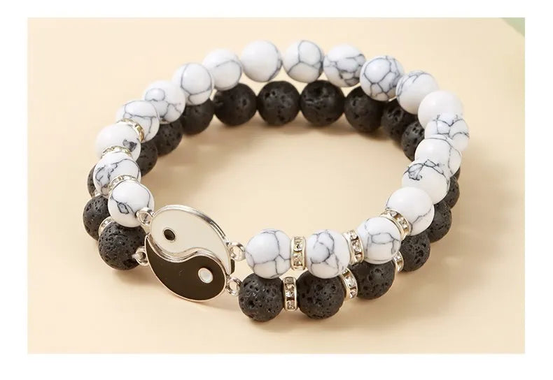 Yin Yang Tai Chi Bracelet Set – Natural Volcanic Lava Stone & White Turquoise Beads, Handmade Couple Jewelry for Men & Women