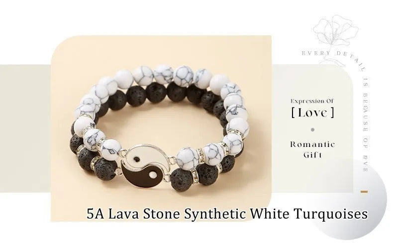 Yin Yang Tai Chi Bracelet Set – Natural Volcanic Lava Stone & White Turquoise Beads, Handmade Couple Jewelry for Men & Women