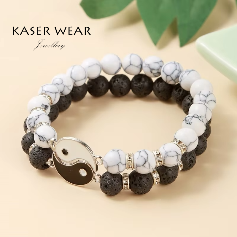 Yin Yang Tai Chi Bracelet Set – Natural Volcanic Lava Stone & White Turquoise Beads, Handmade Couple Jewelry for Men & Women