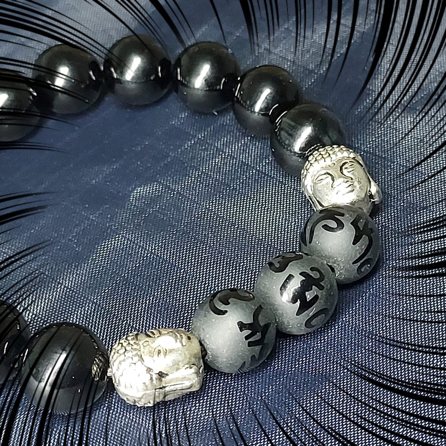 The 6-character Great Bright Mantra Black Agate with Buddha Head Bracelet