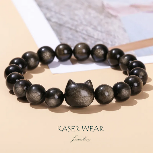 Natural Gold Silver Obsidian Cat Head Bracelet