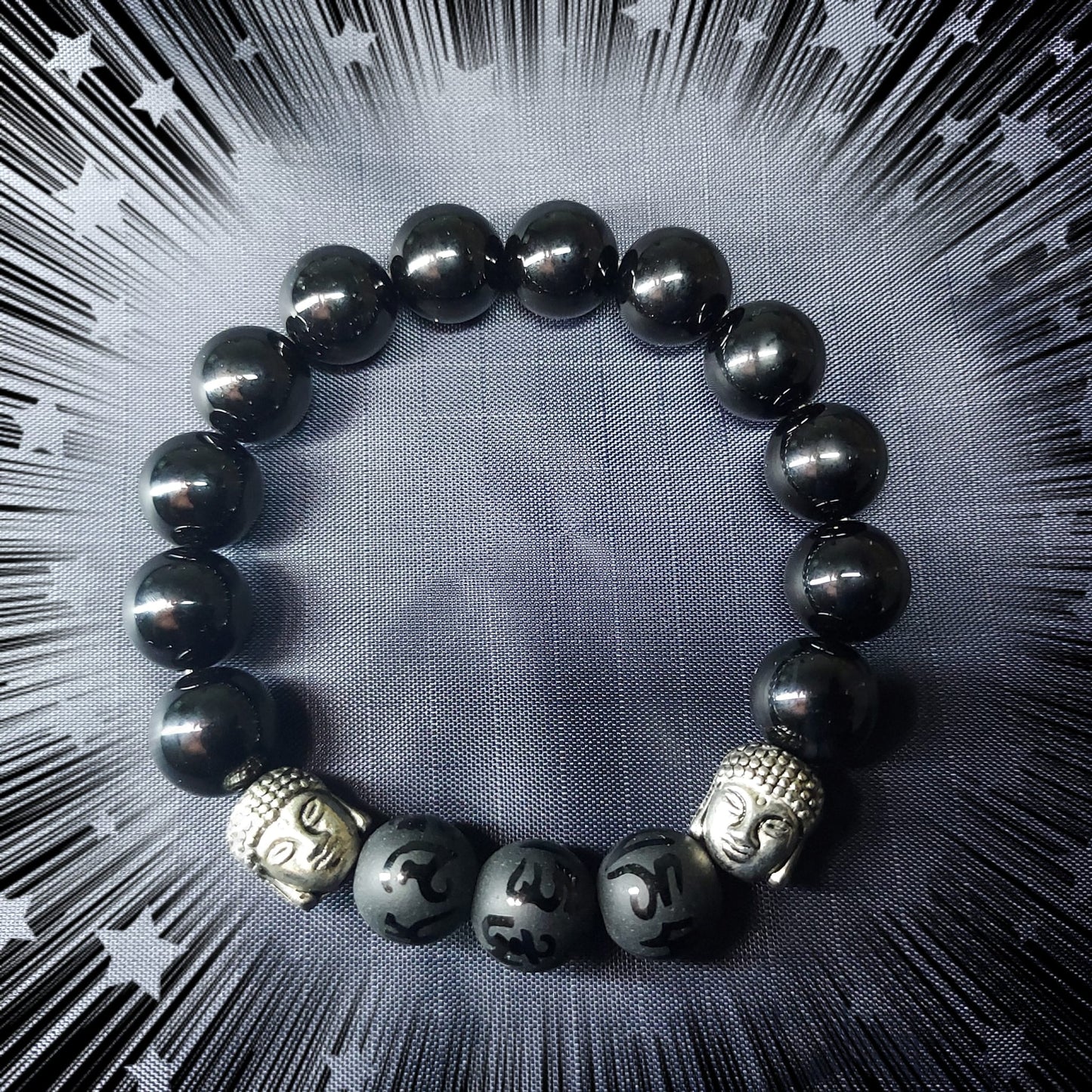 The 6-character Great Bright Mantra Black Agate with Buddha Head Bracelet