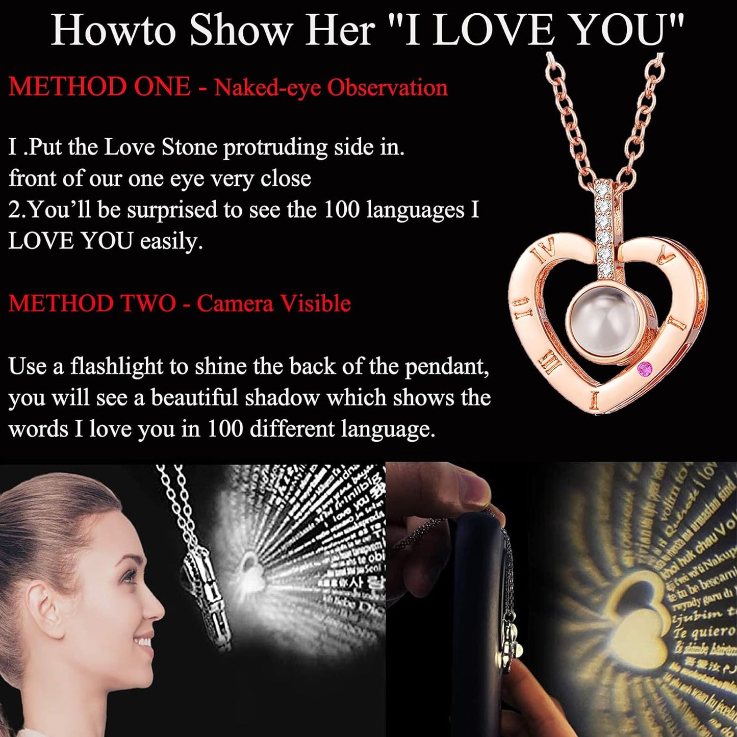 100 Languages I Love You Projection Necklace Set With Rose Gift Box