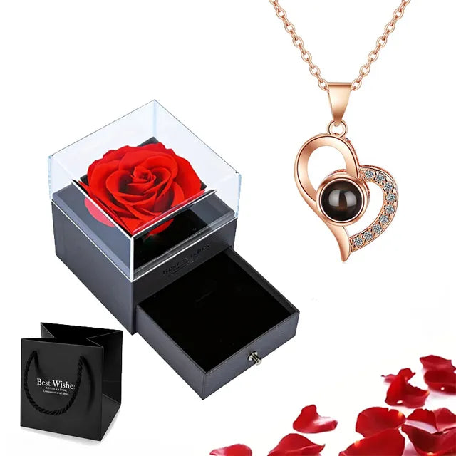 100 Languages I Love You Projection Necklace Set With Rose Gift Box