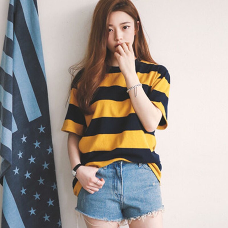 Korean Girl Yellow & Black Striped Tees