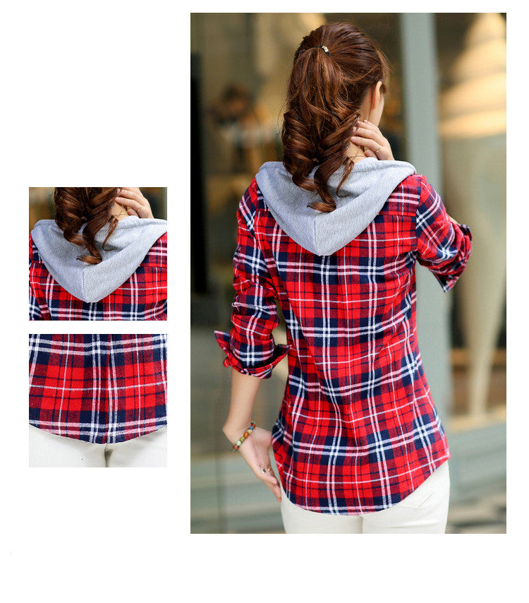 Fashion Long-sleeved Plaid Hooded Shirt