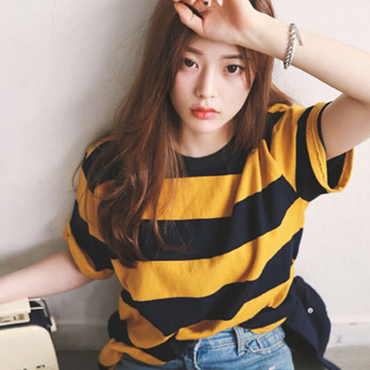 Korean Girl Yellow & Black Striped Tees