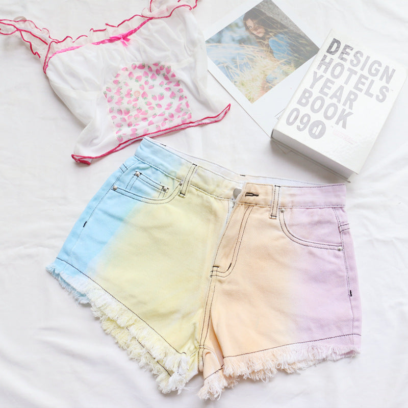 Tie Dye Print Ripped Denim Shorts