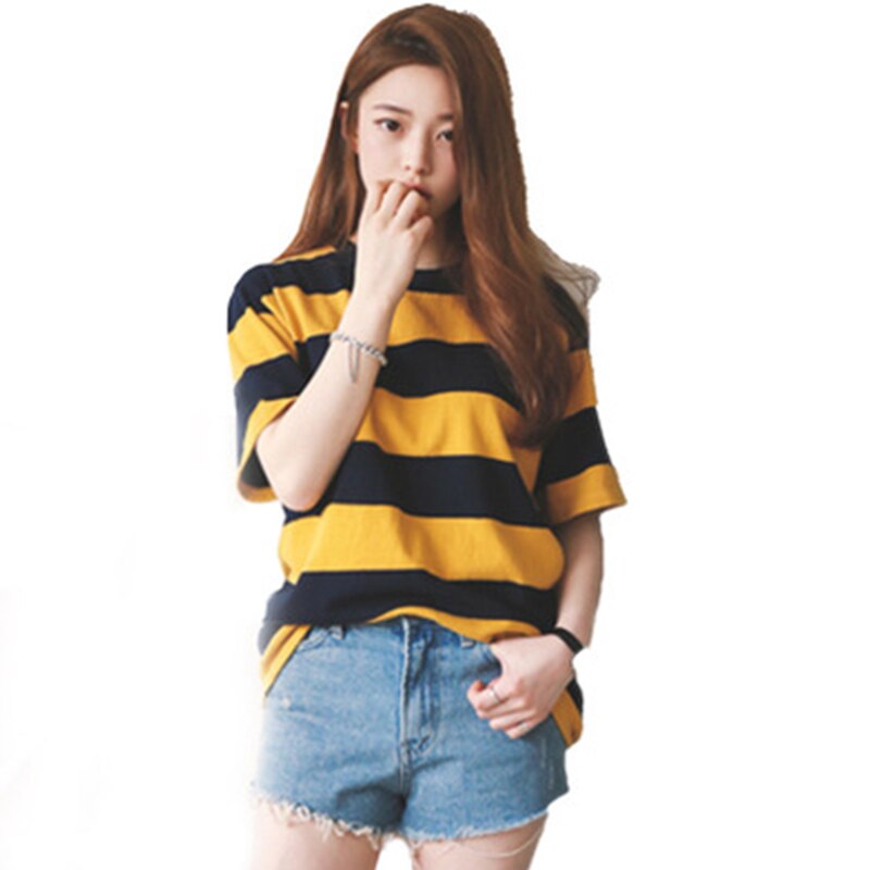 Korean Girl Yellow & Black Striped Tees