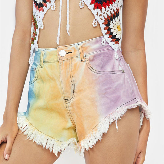 Tie Dye Print Ripped Denim Shorts