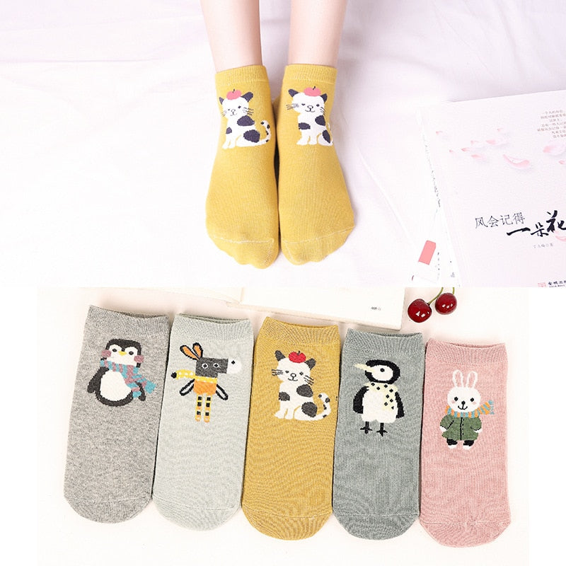 5 Pairs Cotton Women Boat Pack Cartoon Socks