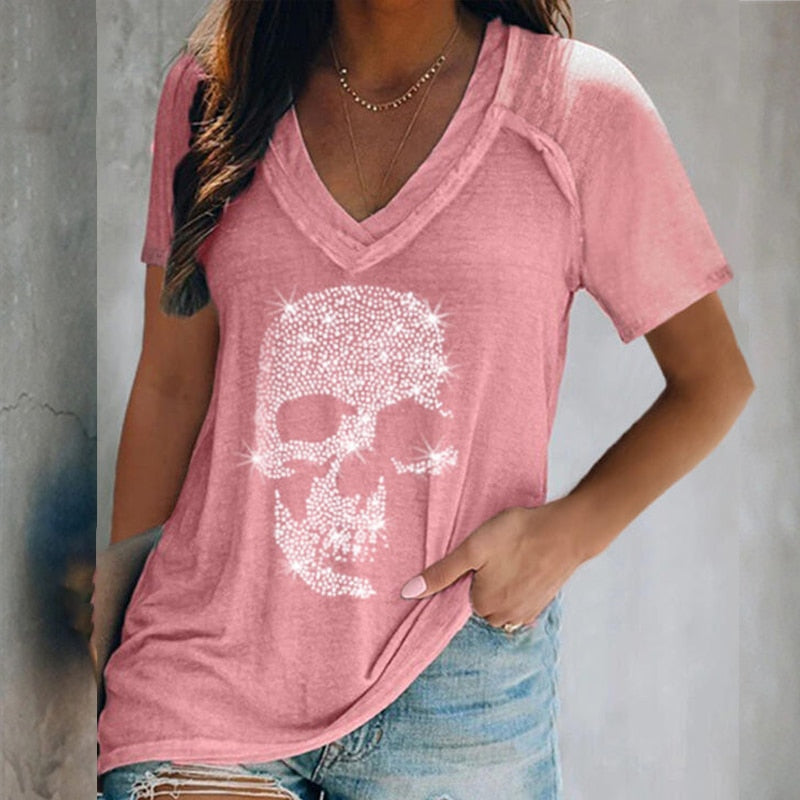 Casual Skulls Rhinestone Long/Short Sleeve Tees