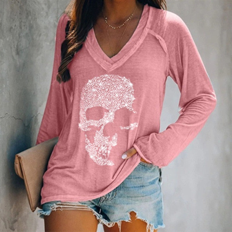 Casual Skulls Rhinestone Long/Short Sleeve Tees