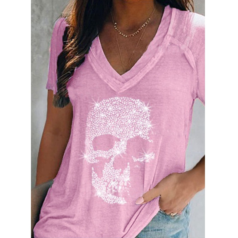 Casual Skulls Rhinestone Long/Short Sleeve Tees