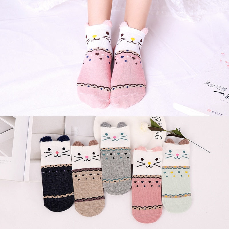 5 Pairs Cotton Women Boat Pack Cartoon Socks