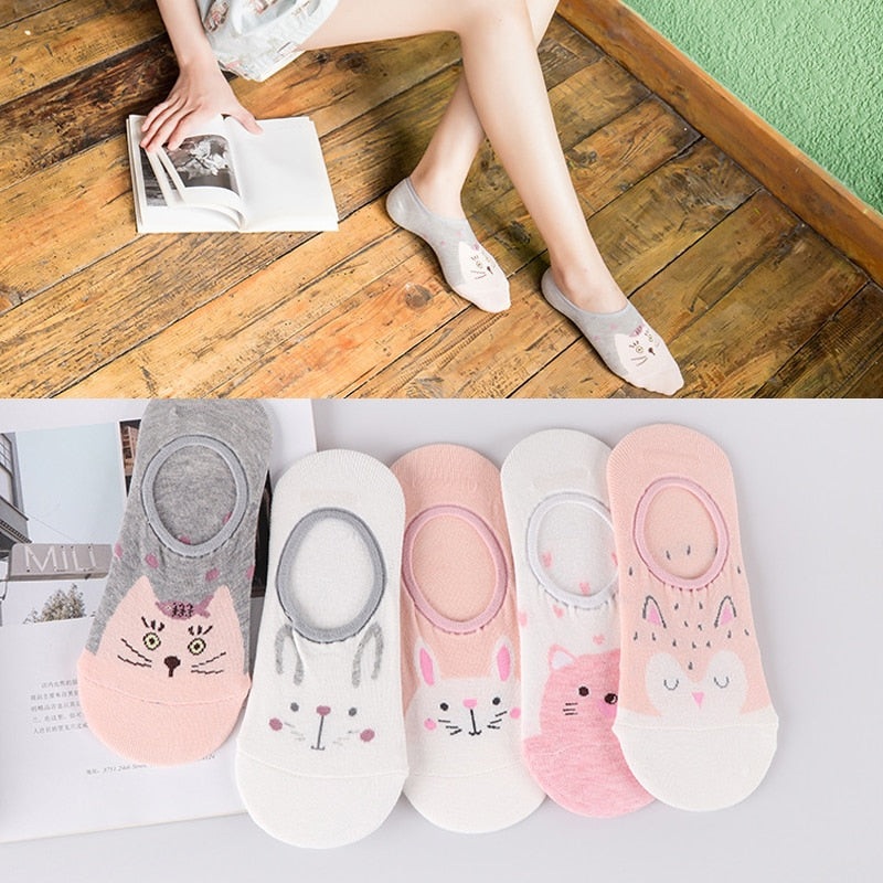 5 Pairs Cotton Women Boat Pack Cartoon Socks