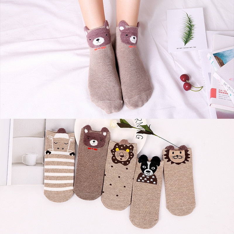 5 Pairs Cotton Women Boat Pack Cartoon Socks