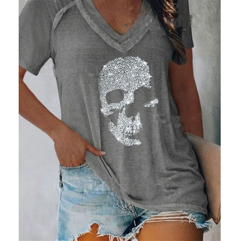 Casual Skulls Rhinestone Long/Short Sleeve Tees