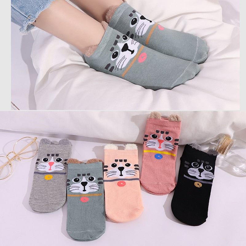 5 Pairs Cotton Women Boat Pack Cartoon Socks