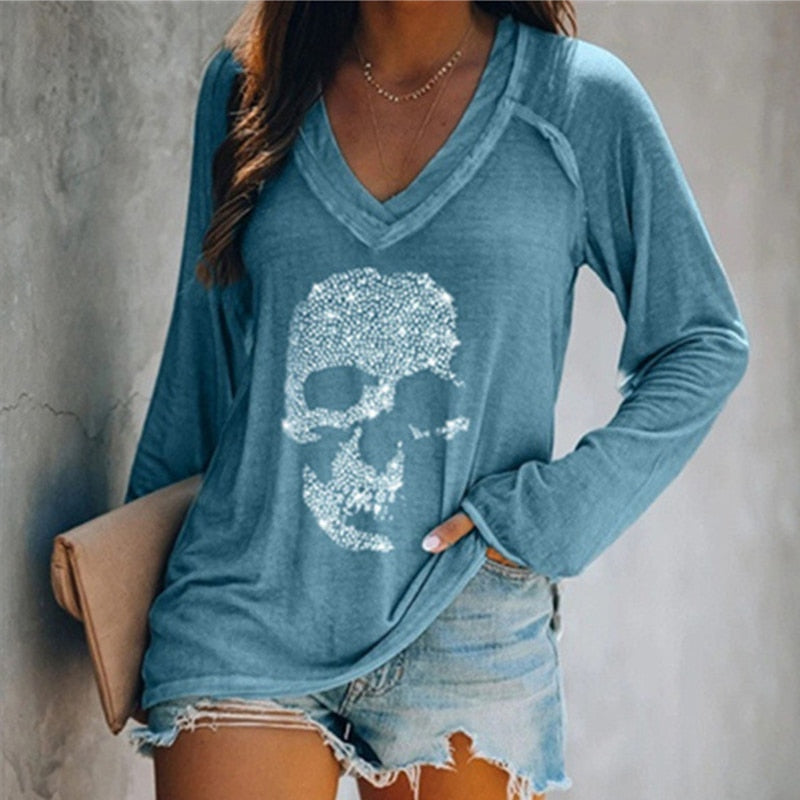 Casual Skulls Rhinestone Long/Short Sleeve Tees