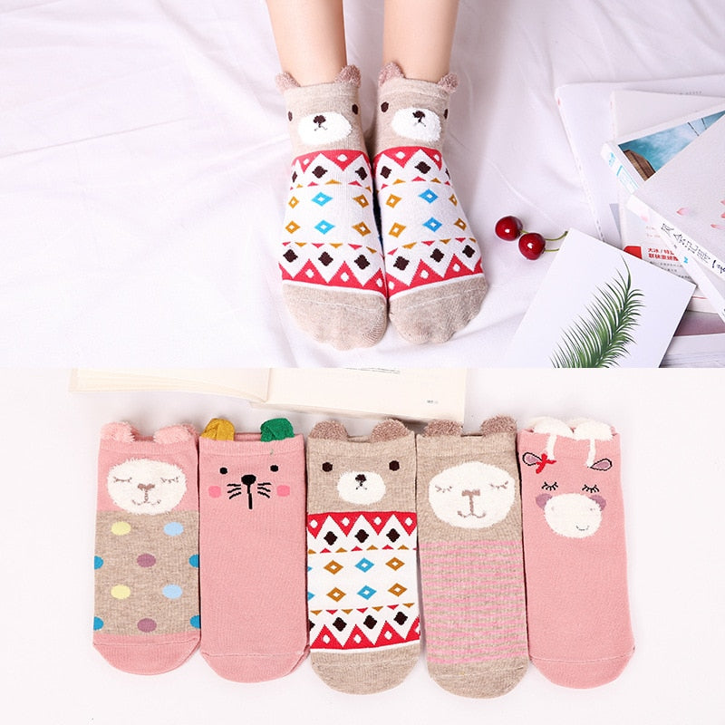 5 Pairs Cotton Women Boat Pack Cartoon Socks