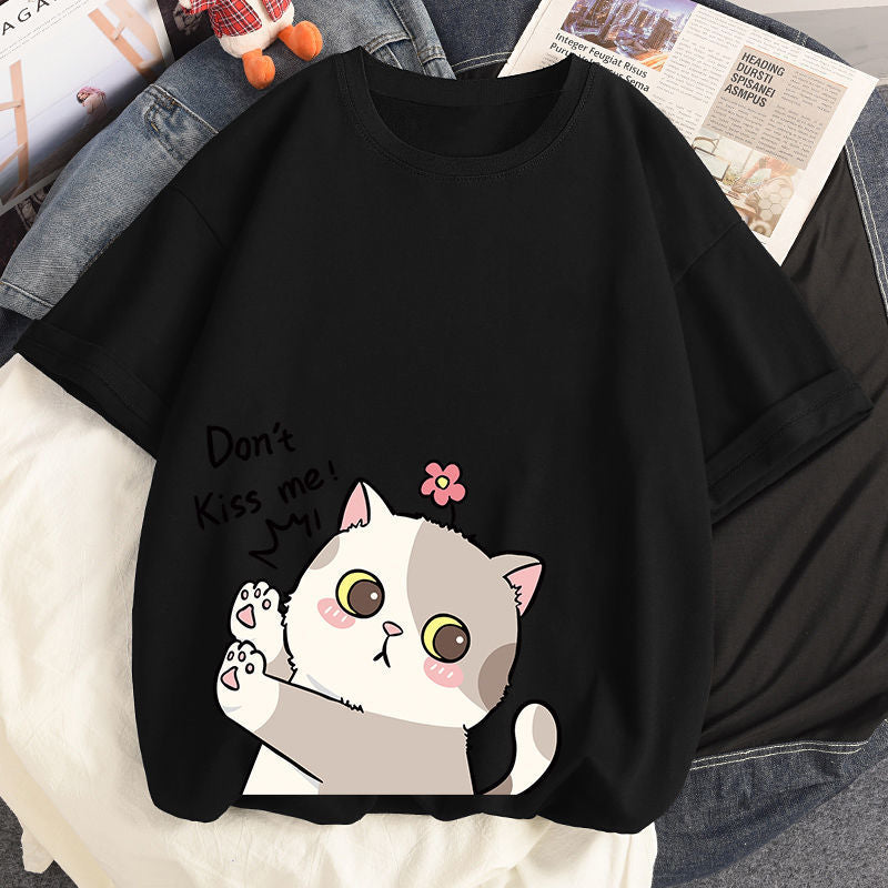 100% Cotton Harajuku Kawaii No Kissing Cat T-shirts