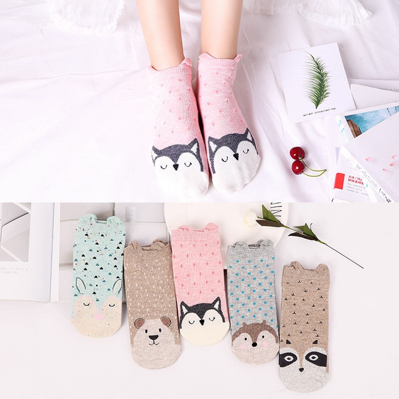 5 Pairs Cotton Women Boat Pack Cartoon Socks