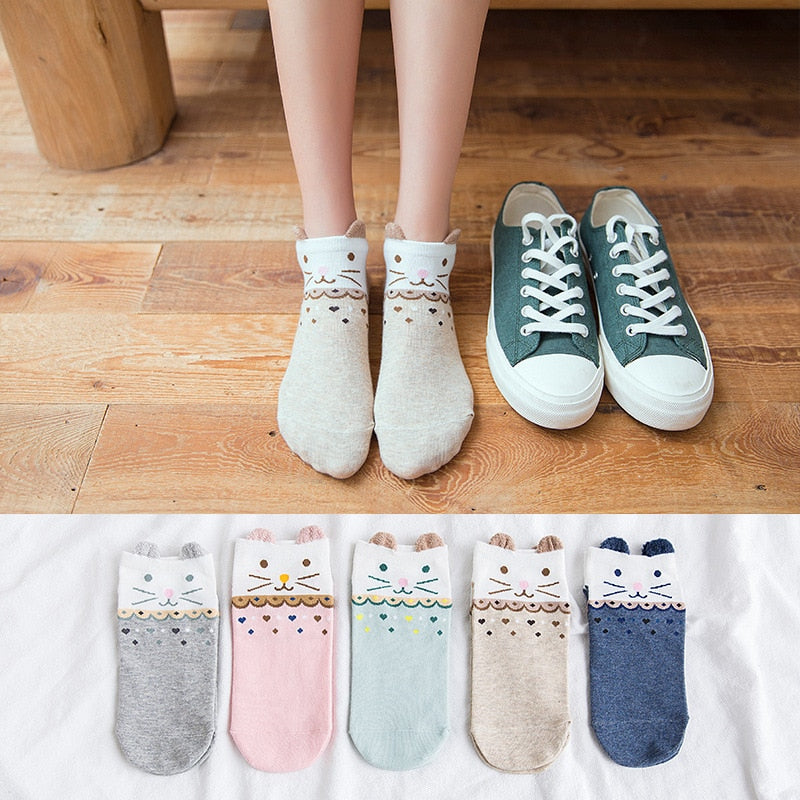 5 Pairs Cotton Women Boat Pack Cartoon Socks