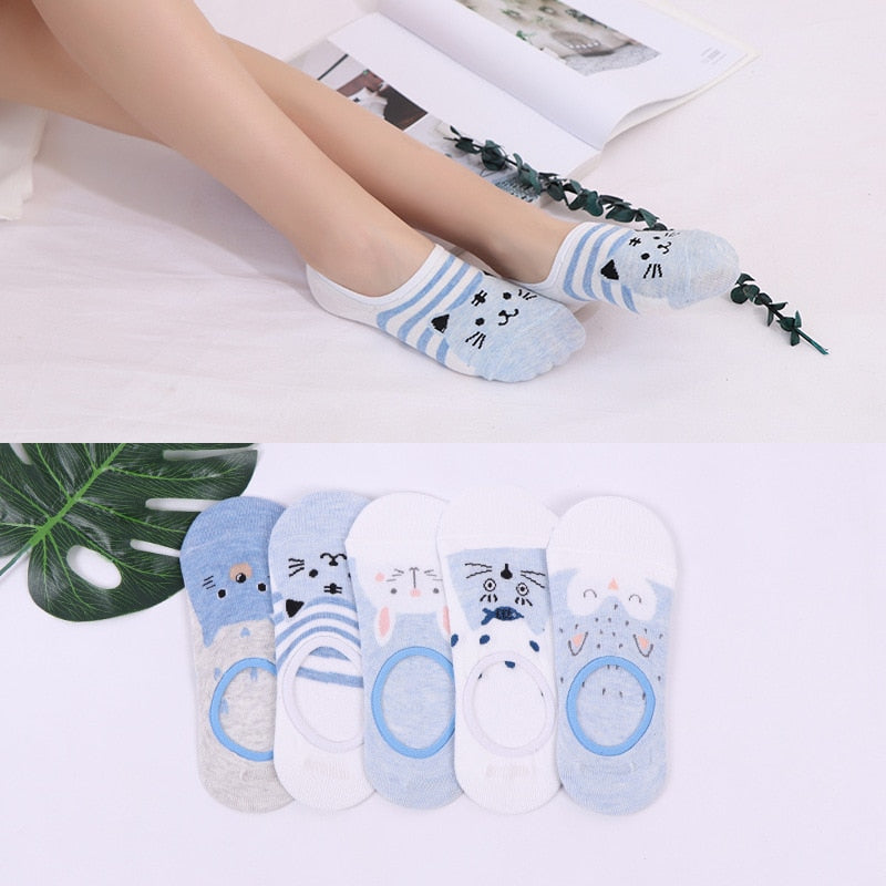 5 Pairs Cotton Women Boat Pack Cartoon Socks