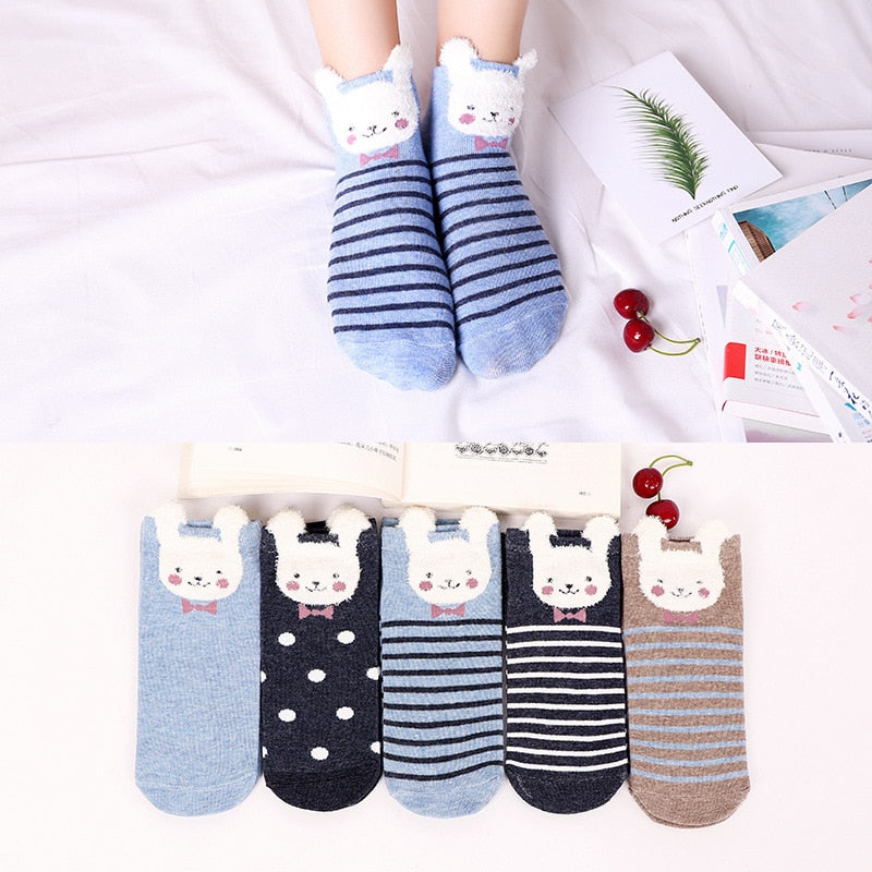 5 Pairs Cotton Women Boat Pack Cartoon Socks