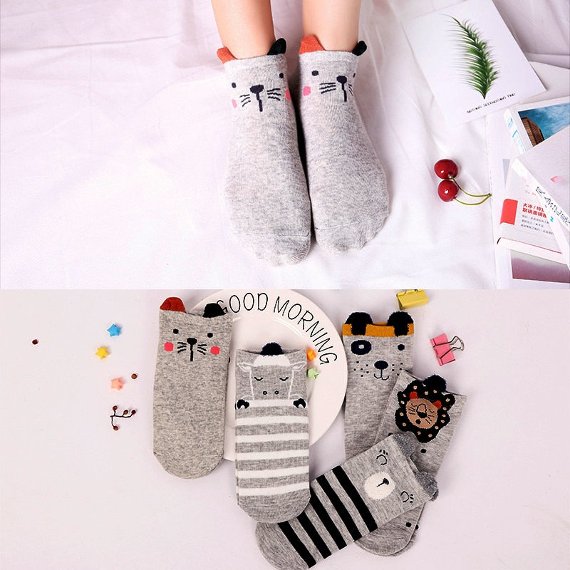 5 Pairs Cotton Women Boat Pack Cartoon Socks