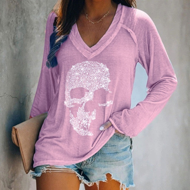 Casual Skulls Rhinestone Long/Short Sleeve Tees