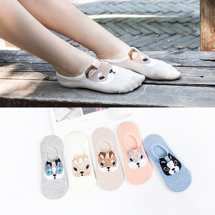 5 Pairs Cotton Women Boat Pack Cartoon Socks