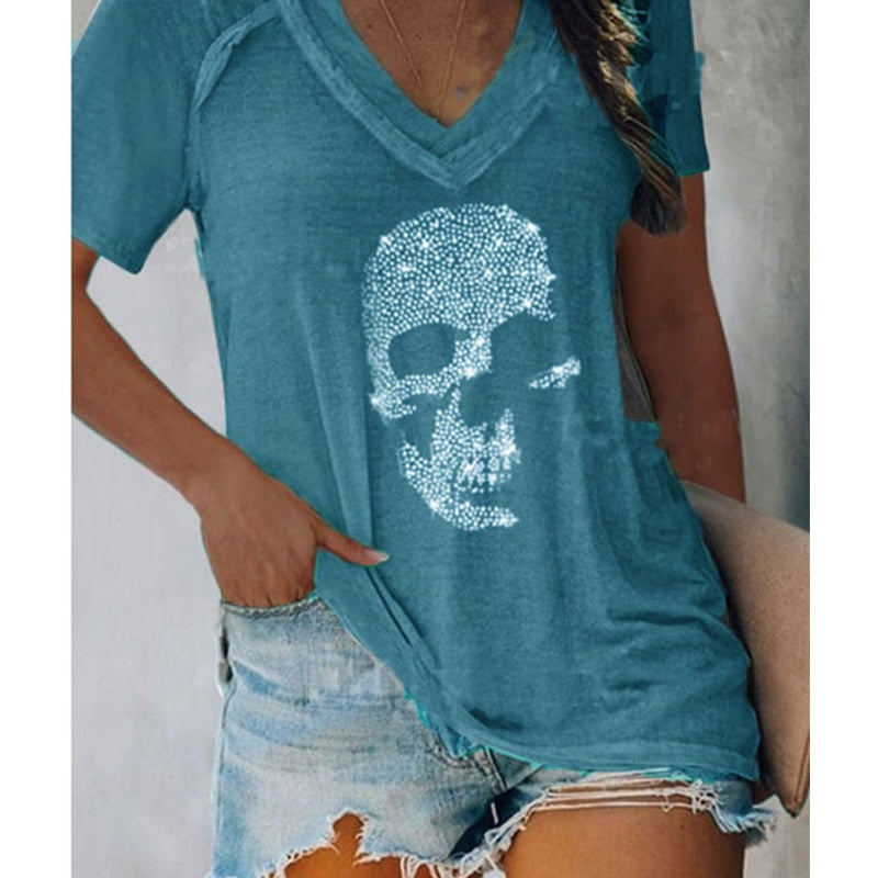 Casual Skulls Rhinestone Long/Short Sleeve Tees