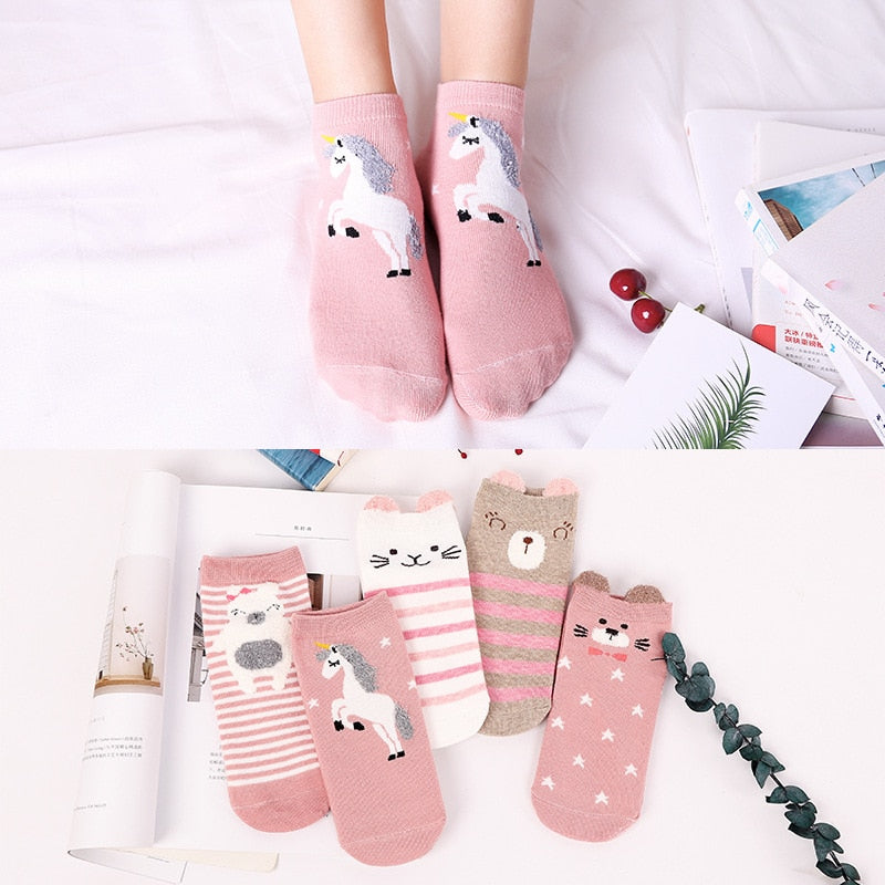 5 Pairs Cotton Women Boat Pack Cartoon Socks