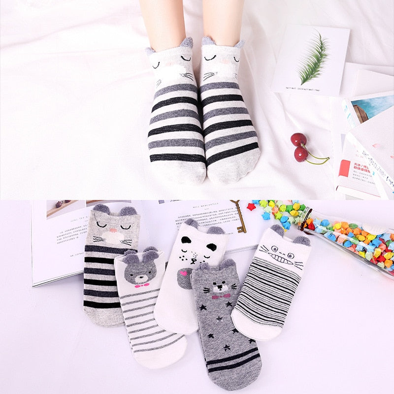 5 Pairs Cotton Women Boat Pack Cartoon Socks