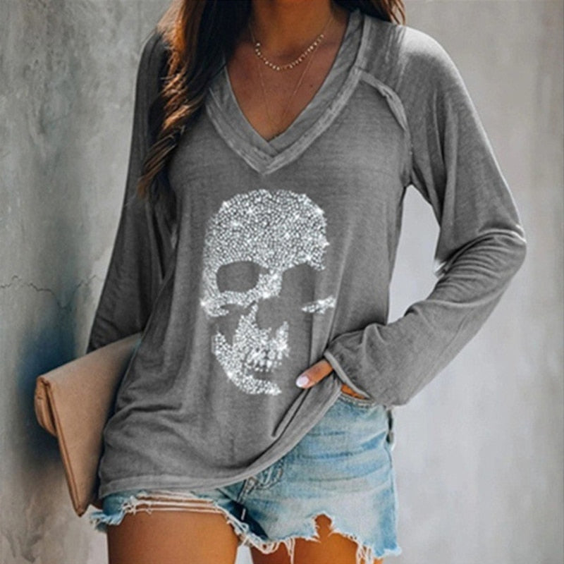 Casual Skulls Rhinestone Long/Short Sleeve Tees