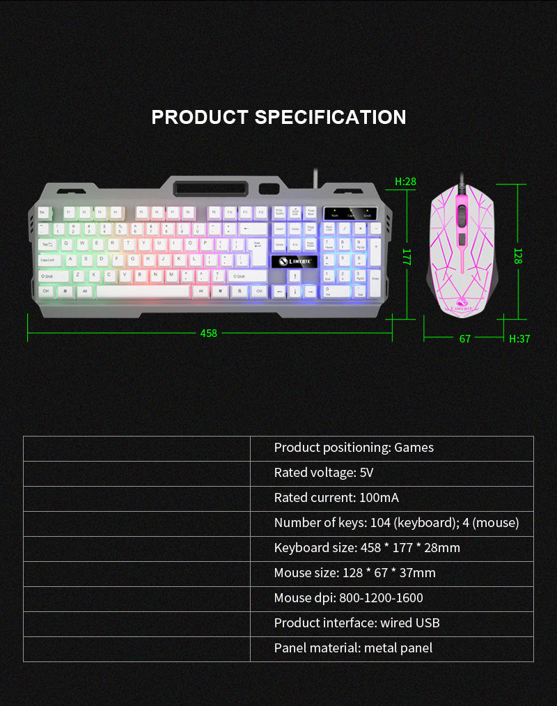 T19 Metal Luminous USB Wired Keyboard and Mouse Set