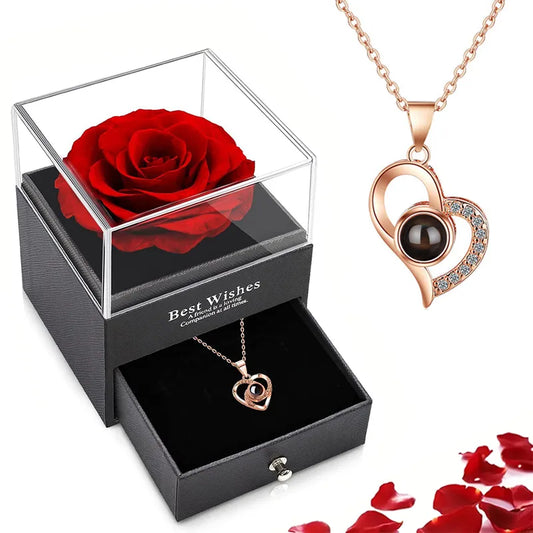 100 Languages I Love You Projection Necklace Set With Rose Gift Box